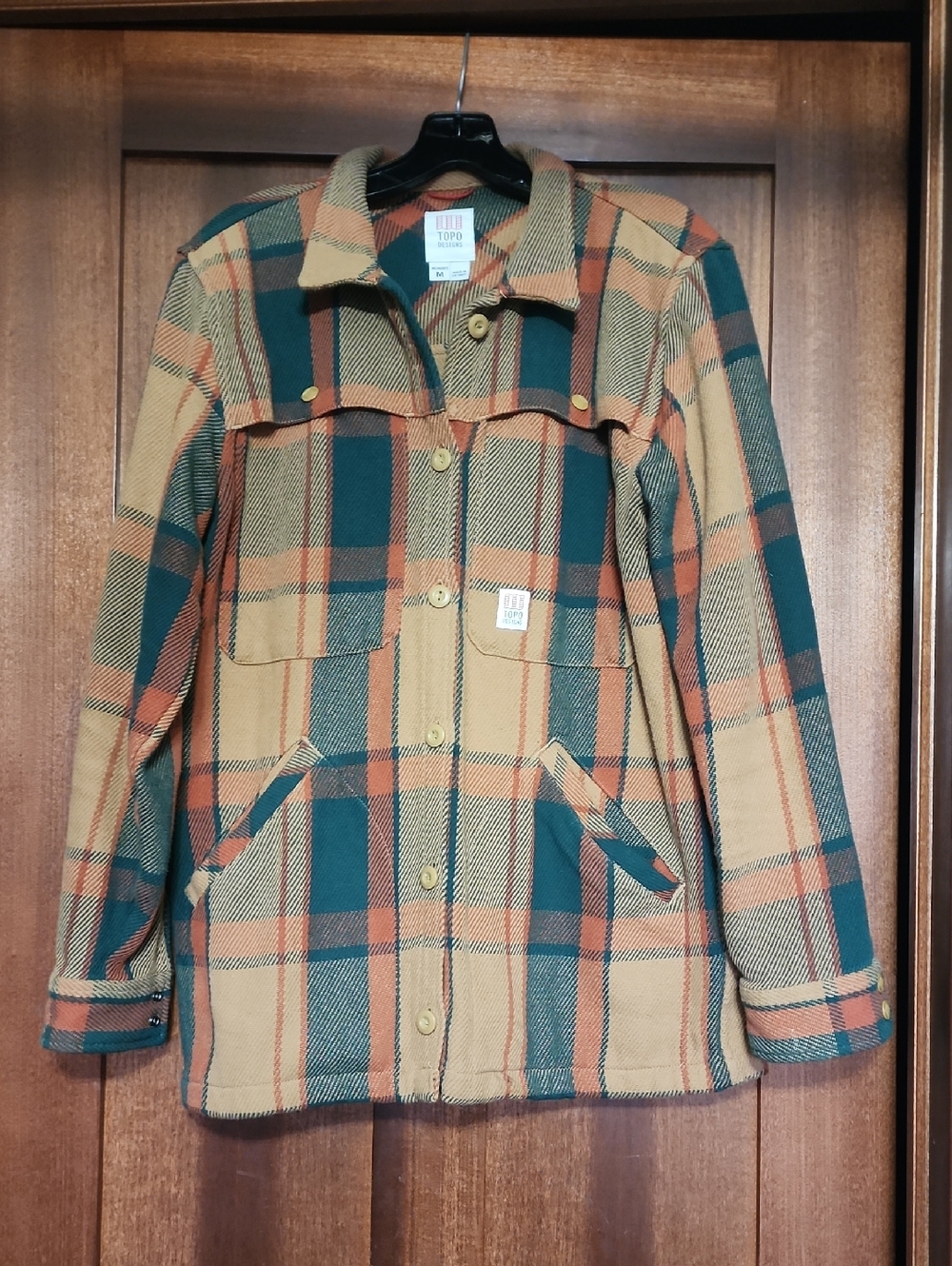 Topo Designs Plaid Utility Shacket in Tan, Green & Rust
